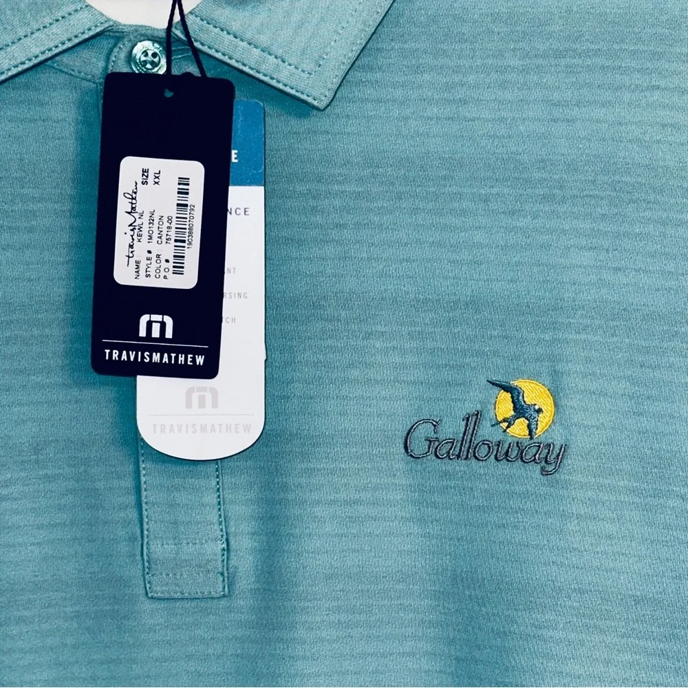 Travis Mathew NWT Galloway National GC Polo Logo Teal Green Gray Stripe XXL